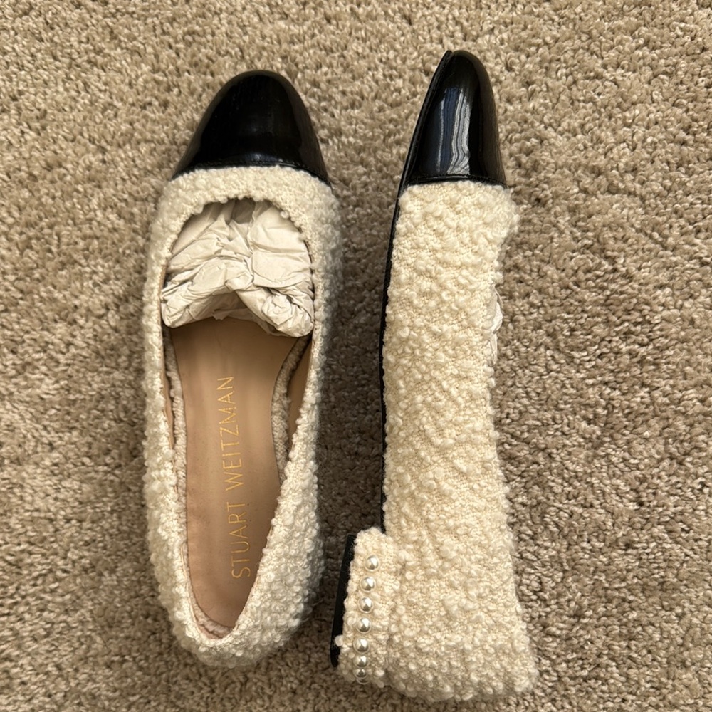 Stuart Weitzman Women's Shearling - Cream and Black with Pearls Ballet Flats
